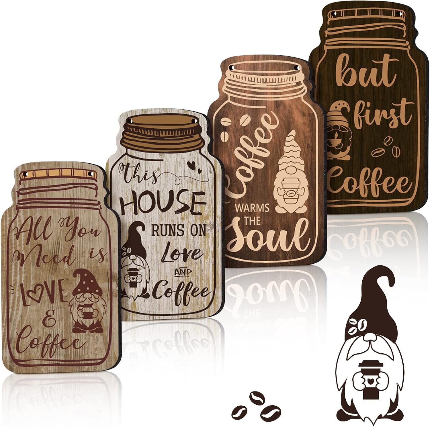 4 Pieces Fall Coffee Bar Decor Farmhouse Wood Sign Wall Hanging Plaque but First Coffee Mason Jar Table Plaque for Home Office Kitchen Wall Decor(Gnomes Style)