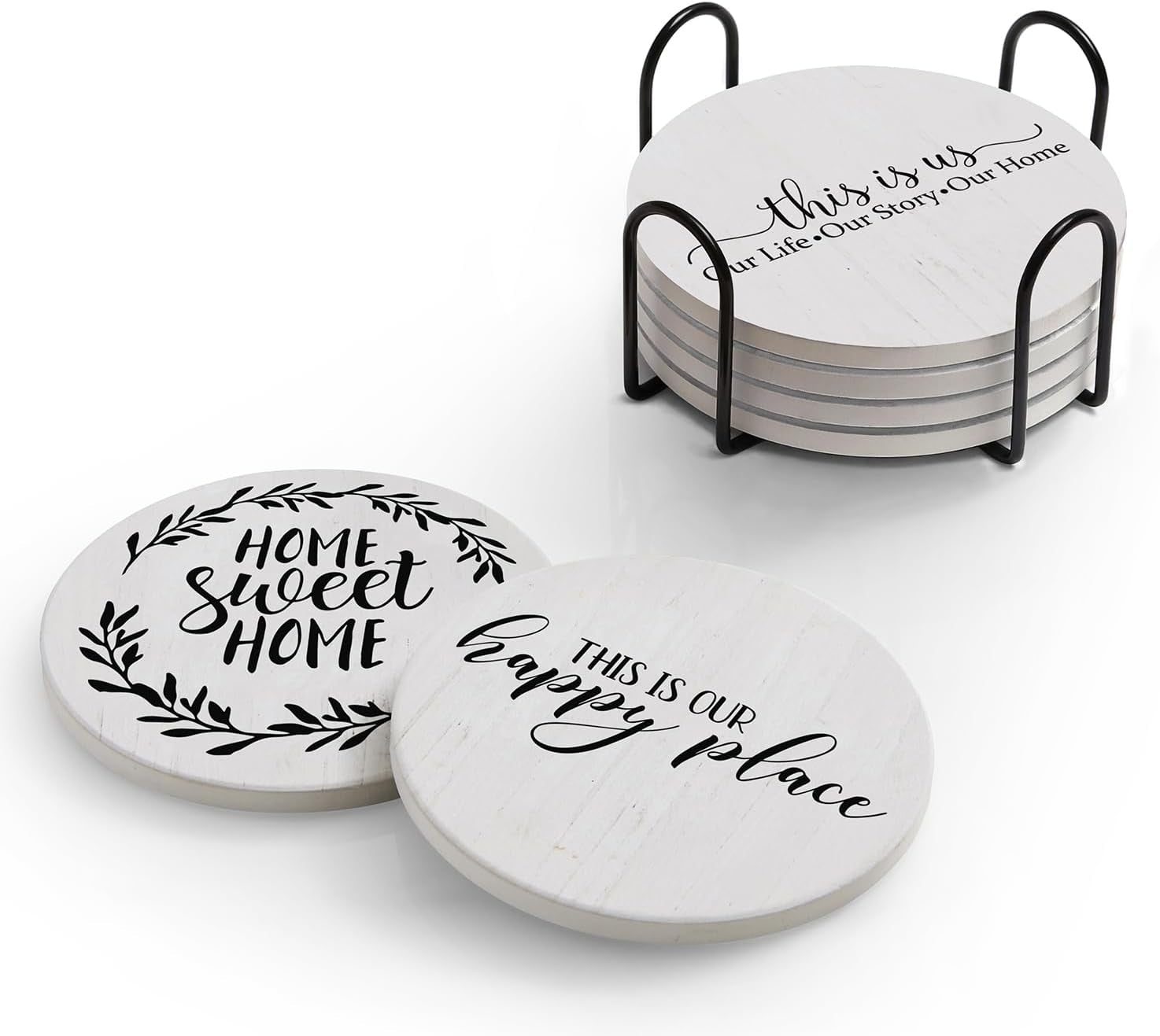 Coasters for Drinks, Set of 6 Absorbent Drink Coasters with Holder, Farmhouse Style Ceramic Drink Coasters with Cork Backing for Table Protection, Housewarming Gifts for New Home