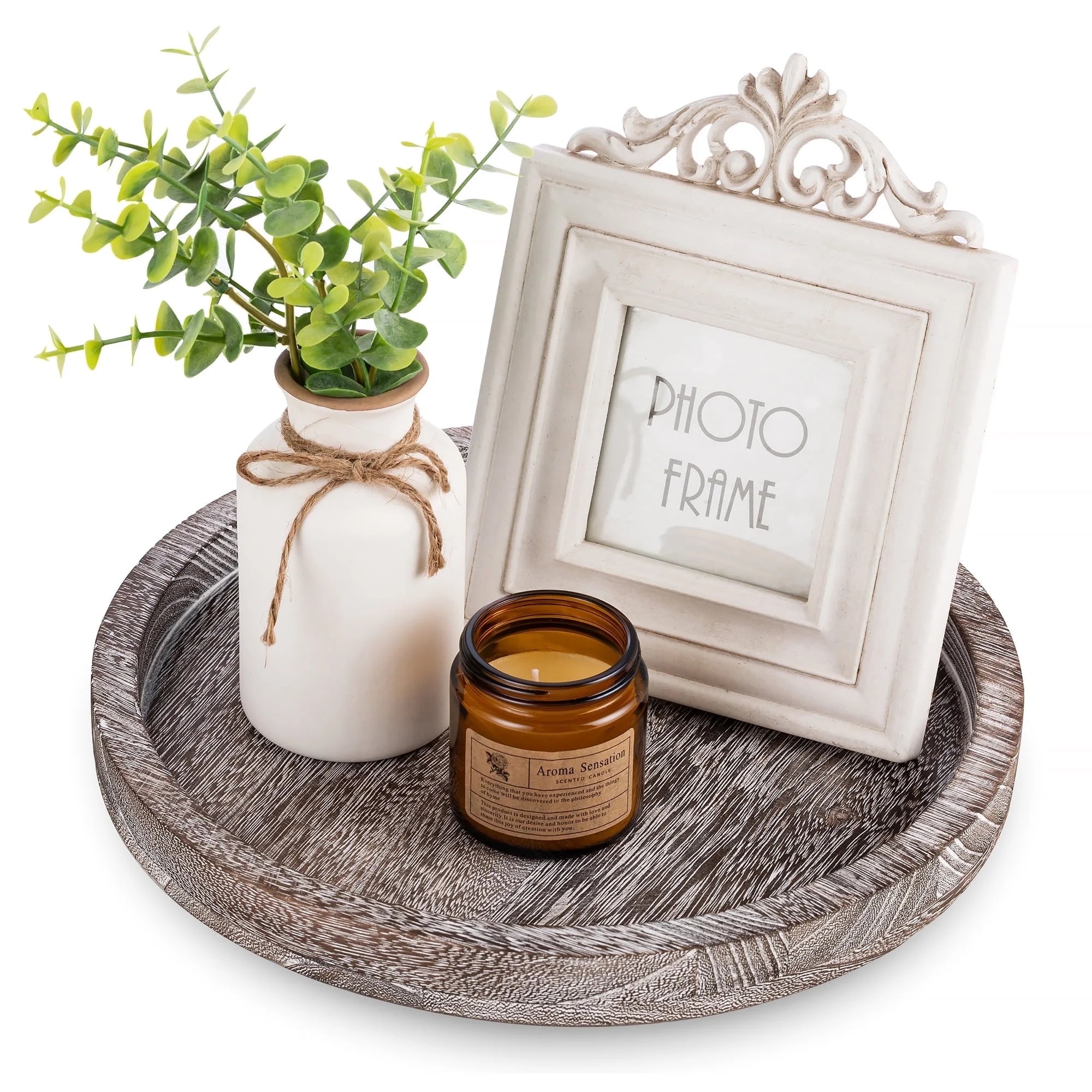 round Wood Candle Tray: Rustic Wooden Candle Holder White Pillar Stand Farmhouse Coffee Table Tray for Living Room Kitchen Counter Bathroom Home Decor,11.8"
