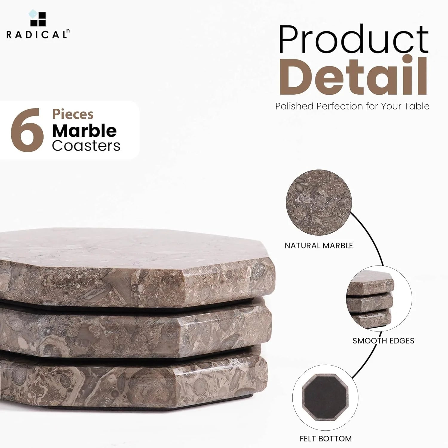 Gray Star Marble Coasters for Drinks 3.5 Inches Handmade Absorbent Stone Coaster Set of 6 Stylish Coasters for Living Room Décor, Tables & Kitchen