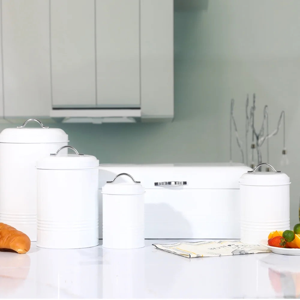 Farmhouse Canisters Sets for Kitchen Countertop, Set of 4 Airtight White Nesting Canister Jars with Removable Chalkboard Labels and Marker, for Flour Sugar Coffee Tea Storage