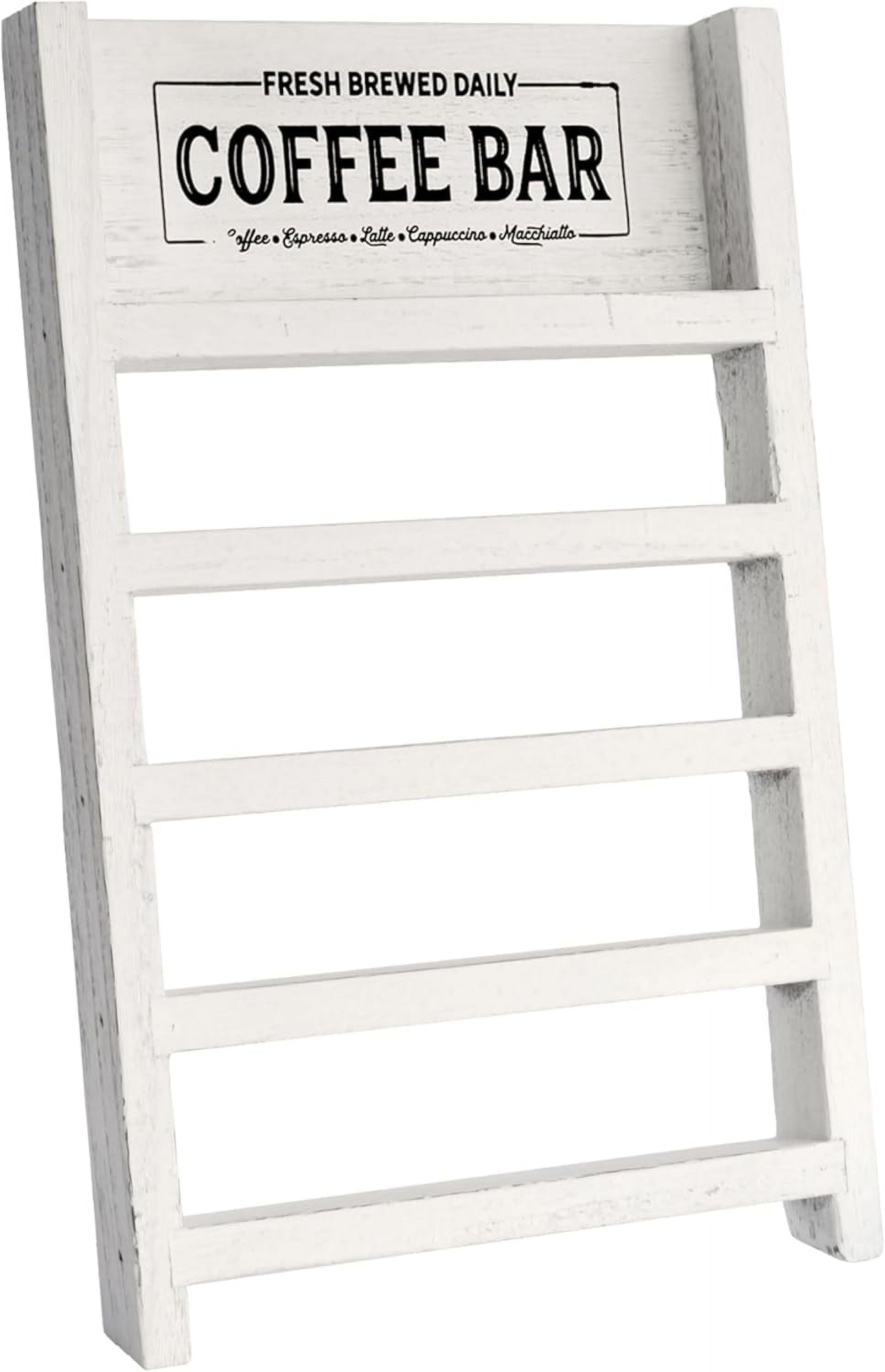 K Cup Holder, Farmhouse Coffee Pod Holder, Wooden Coffee Pod Ladder for Counter, Rustic Kcup Storage Organizer for Home Kitchen Coffee Bar Table Decor (White, Leafy Coffee Bar)