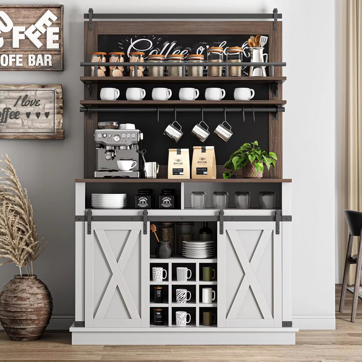 75" Farmhouse Coffee Bar Cabinet W/ Sliding Barn Door - White Buffet Storage for Kitchen & Dining