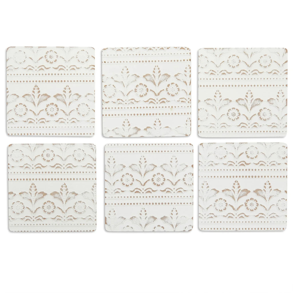 Set of 6 White Wooden Coasters with Holder for Drinks, Coffee Table, and Floral Farmhouse Decor (3.8 Inches)