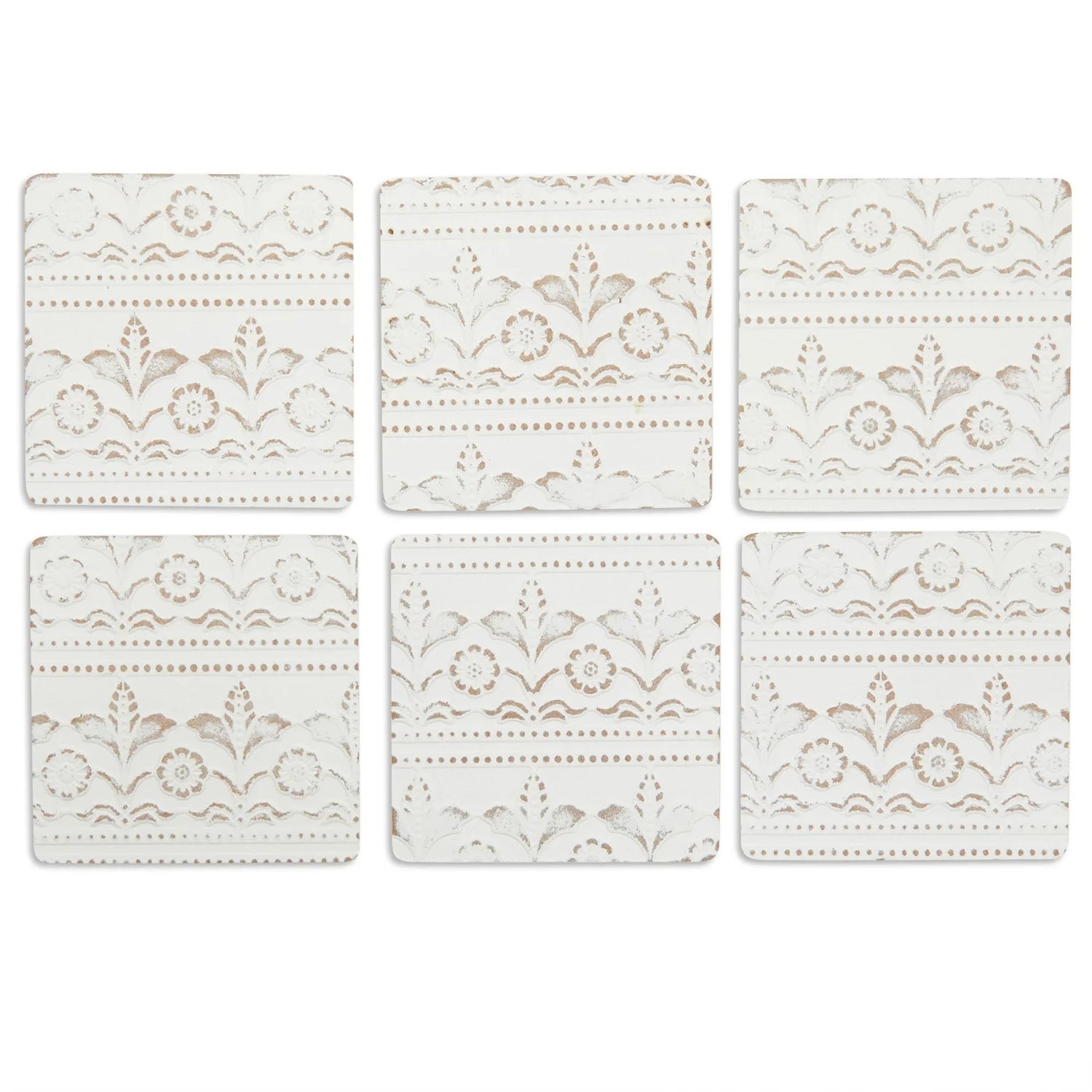 Set of 6 White Wooden Coasters with Holder for Drinks, Coffee Table, and Floral Farmhouse Decor (3.8 Inches)