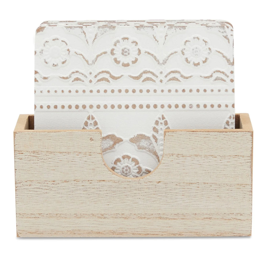 Set of 6 White Wooden Coasters with Holder for Drinks, Coffee Table, and Floral Farmhouse Decor (3.8 Inches)