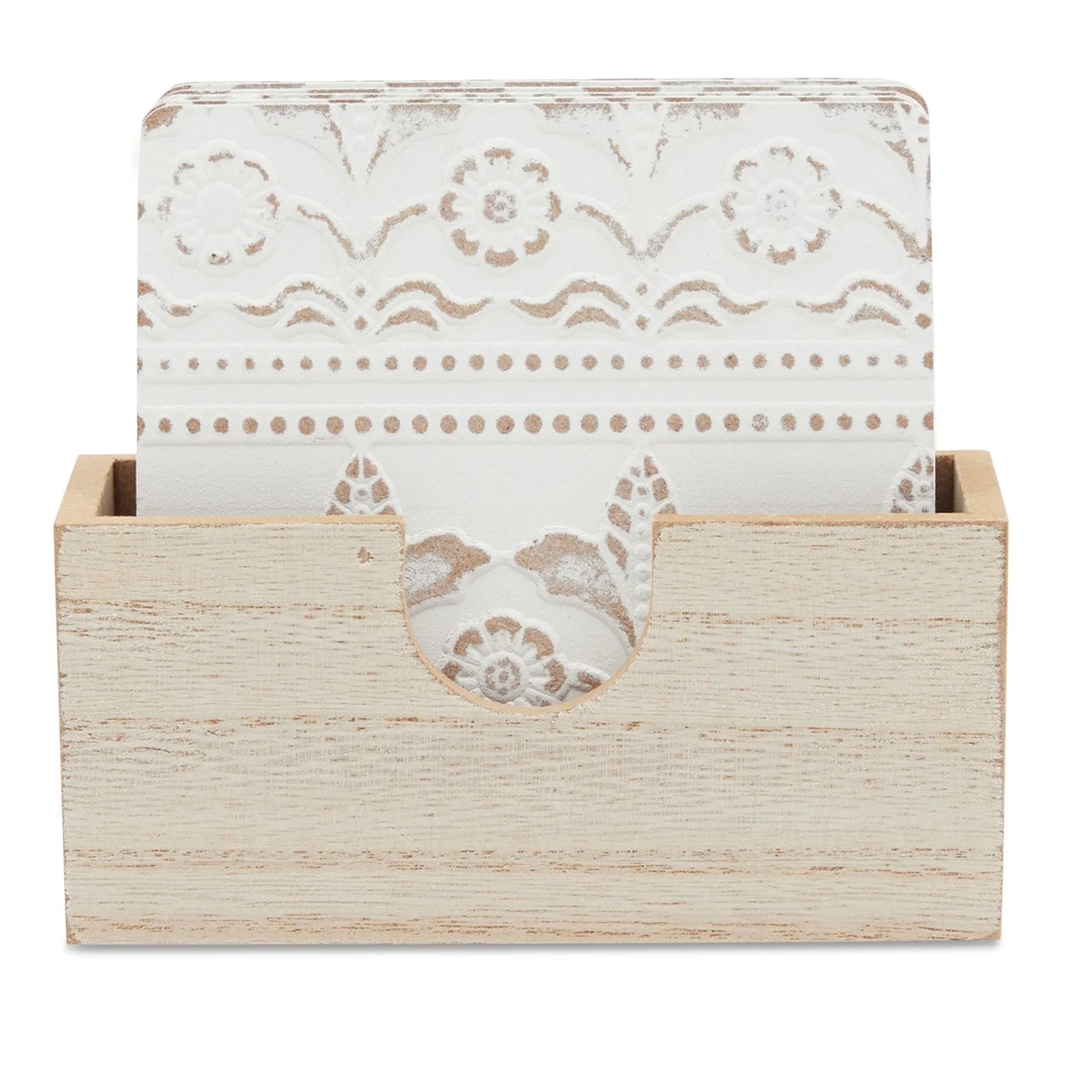 Set of 6 White Wooden Coasters with Holder for Drinks, Coffee Table, and Floral Farmhouse Decor (3.8 Inches)