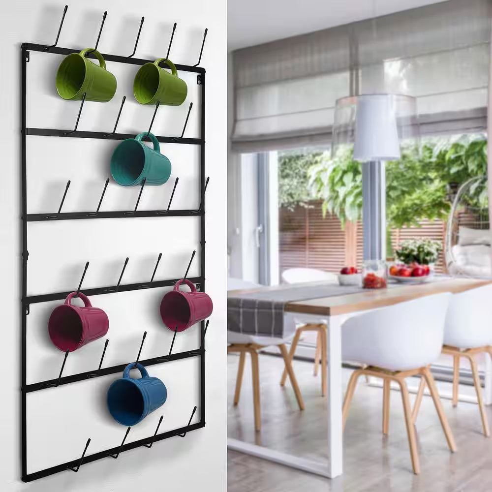 6-Tier 27 Hooks Black Wall Mounted Mug Hook Rack Cup Holder