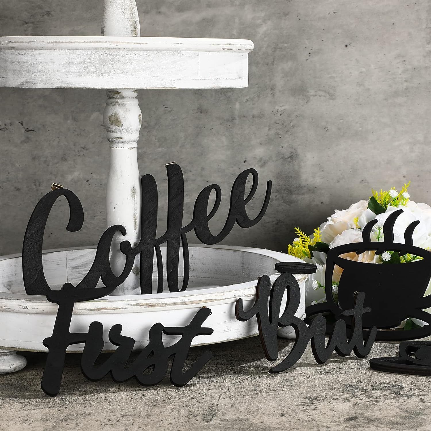 7 Pieces Coffee Time Rustic Sign Coffee Wall Art Coffee Sign Wall Decor with Coffee Beans and Coffee Cups Sign for Coffee Bar Home Office Kitchen (Chic Style)