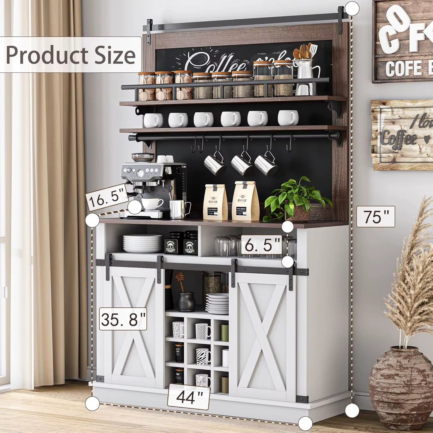 75" Farmhouse Coffee Bar Cabinet W/ Sliding Barn Door - White Buffet Storage for Kitchen & Dining