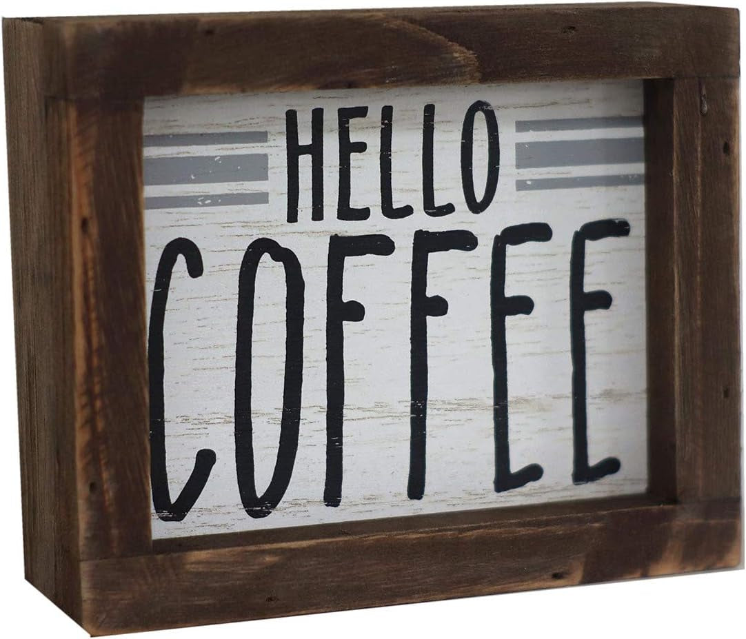 Hello Coffee Barn Wood Small Box Sign for Kitchen Decor Coffee Bar, Rustic Wooden Coffee Sign Plaque Freestanding Farmhouse Kitchen Decor Wood Home Decor 5.8''X4.8''