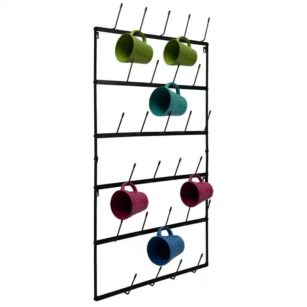 6-Tier 27 Hooks Black Wall Mounted Mug Hook Rack Cup Holder