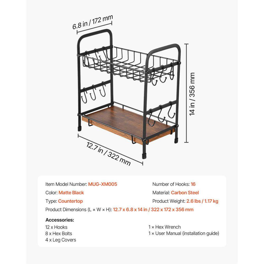 2 Tier Coffee Bar Organizer for Countertop Multifunctional Mug Holder Carbon Steel 12 Movable Hooks Espresso Cups Black