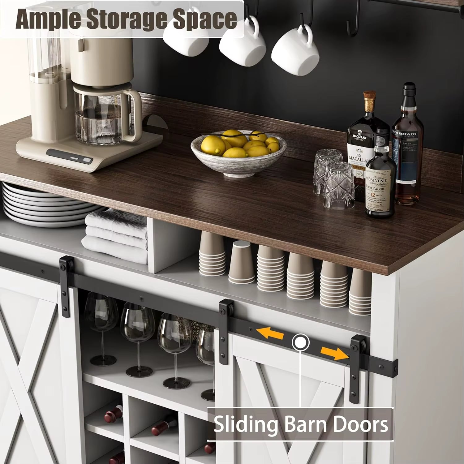 75" Farmhouse Coffee Bar Cabinet W/ Sliding Barn Door - White Buffet Storage for Kitchen & Dining