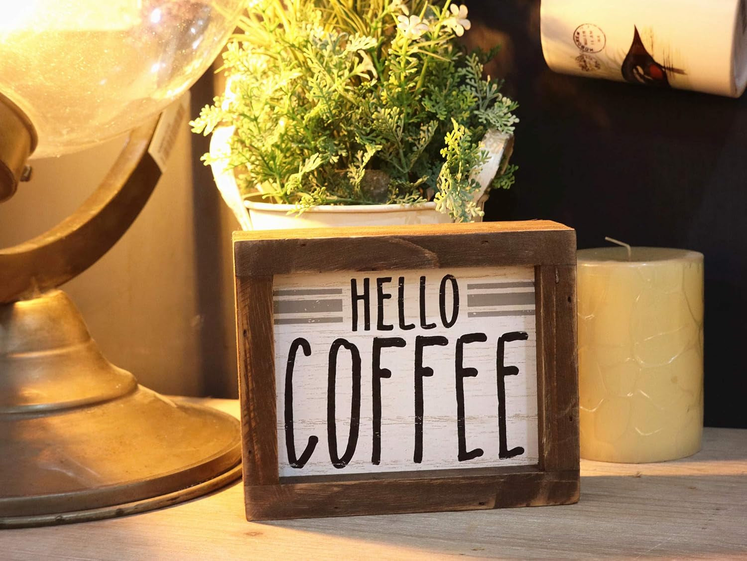 Hello Coffee Barn Wood Small Box Sign for Kitchen Decor Coffee Bar, Rustic Wooden Coffee Sign Plaque Freestanding Farmhouse Kitchen Decor Wood Home Decor 5.8''X4.8''