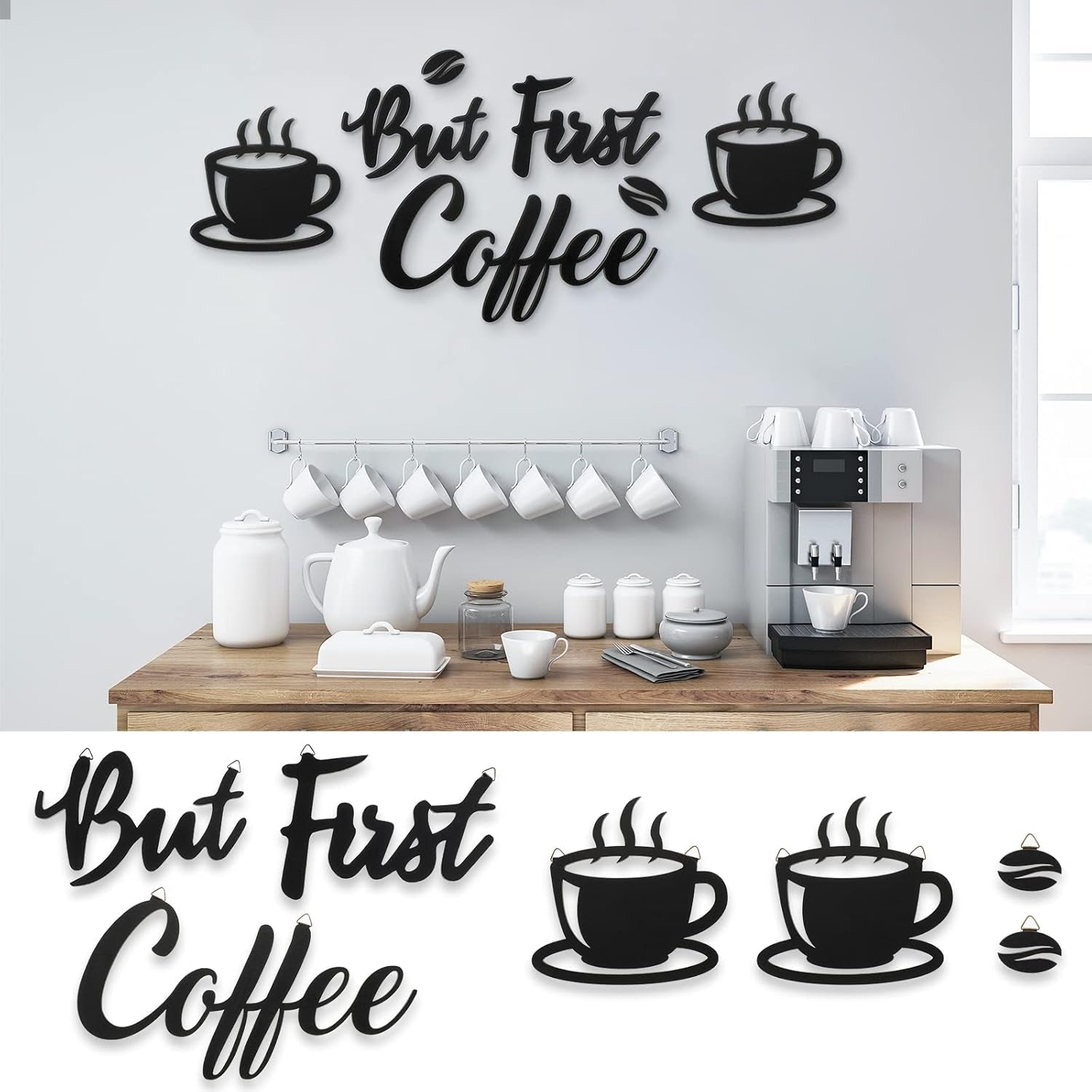 7 Pieces Coffee Time Rustic Sign Coffee Wall Art Coffee Sign Wall Decor with Coffee Beans and Coffee Cups Sign for Coffee Bar Home Office Kitchen (Chic Style)