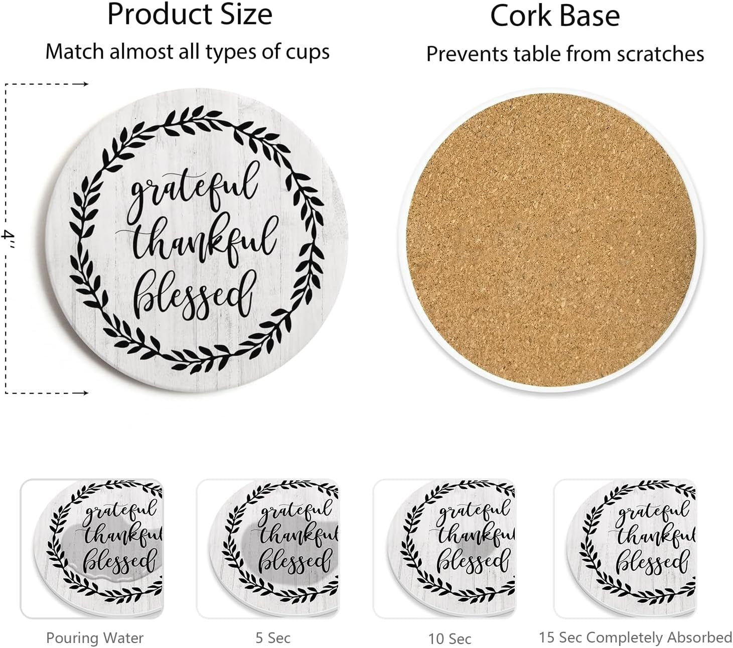 Coasters for Drinks, Set of 6 Absorbent Drink Coasters with Holder, Farmhouse Style Ceramic Drink Coasters with Cork Backing for Table Protection, Housewarming Gifts for New Home