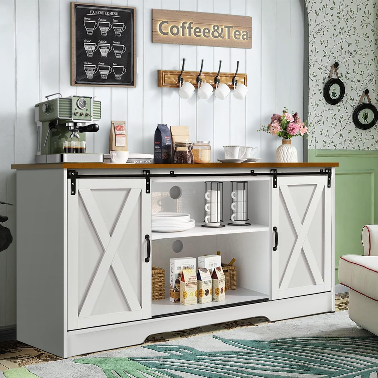 Farmhouse Coffee Bar Cabinet, 59" Buffet Cabinet with Storage & Sliding Barn Doors, Kitchen Storage Cabinet, Coffee Station, Living Dining Room, White