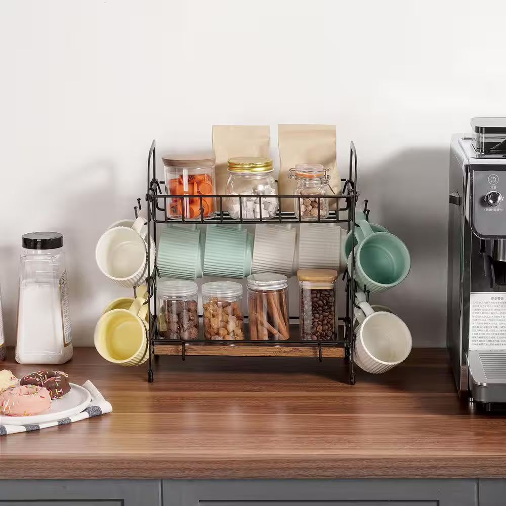 2 Tier Coffee Bar Organizer for Countertop Multifunctional Mug Holder Carbon Steel 12 Movable Hooks Espresso Cups Black