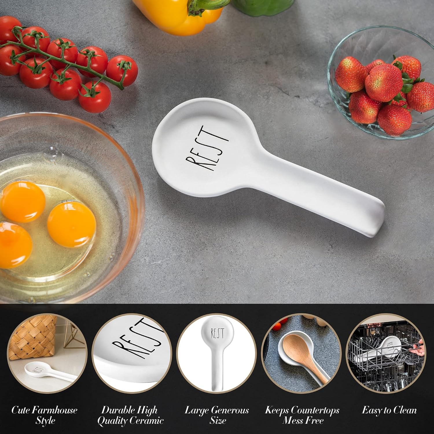 Ceramic Spoon Rest for Stove Top - Farmhouse Spoon Holder for Counter - Coffee Spoon Rest, Ladle Holder - Farmhouse Kitchen Decor, Gift (White)