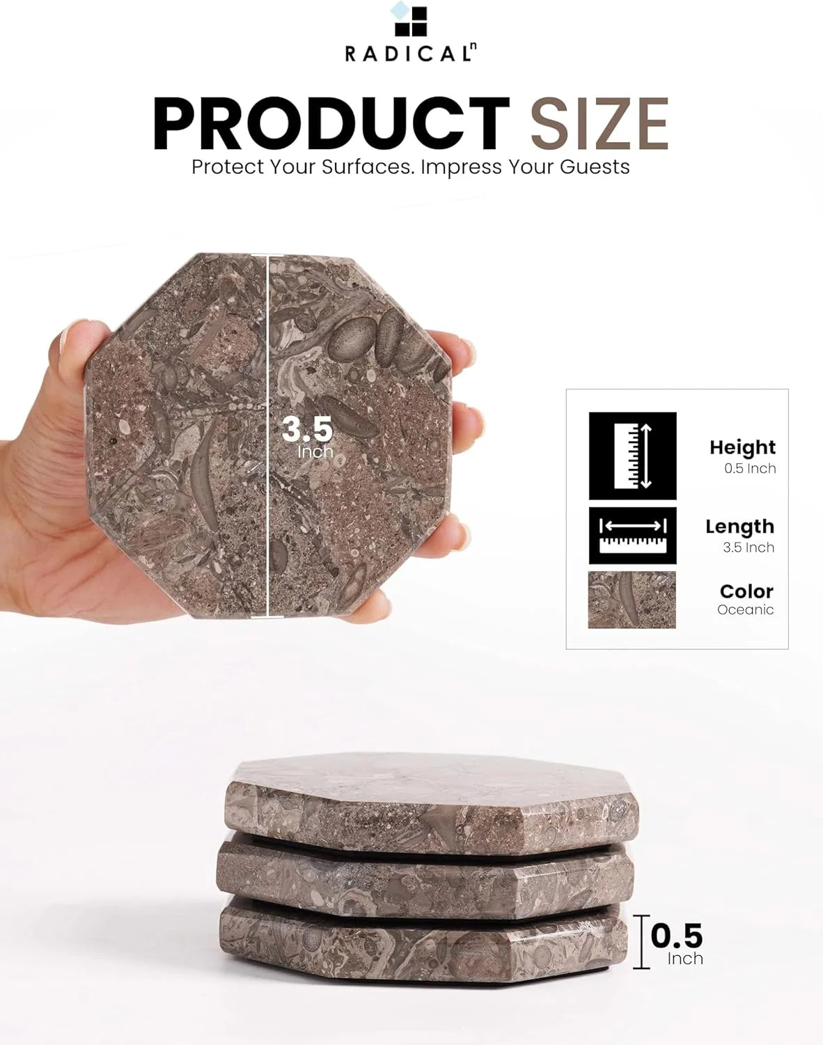 Gray Star Marble Coasters for Drinks 3.5 Inches Handmade Absorbent Stone Coaster Set of 6 Stylish Coasters for Living Room Décor, Tables & Kitchen