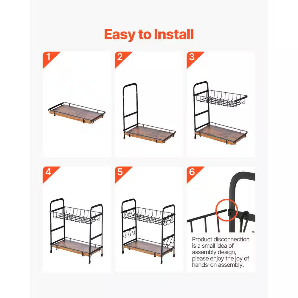 2 Tier Coffee Bar Organizer for Countertop Multifunctional Mug Holder Carbon Steel 12 Movable Hooks Espresso Cups Black