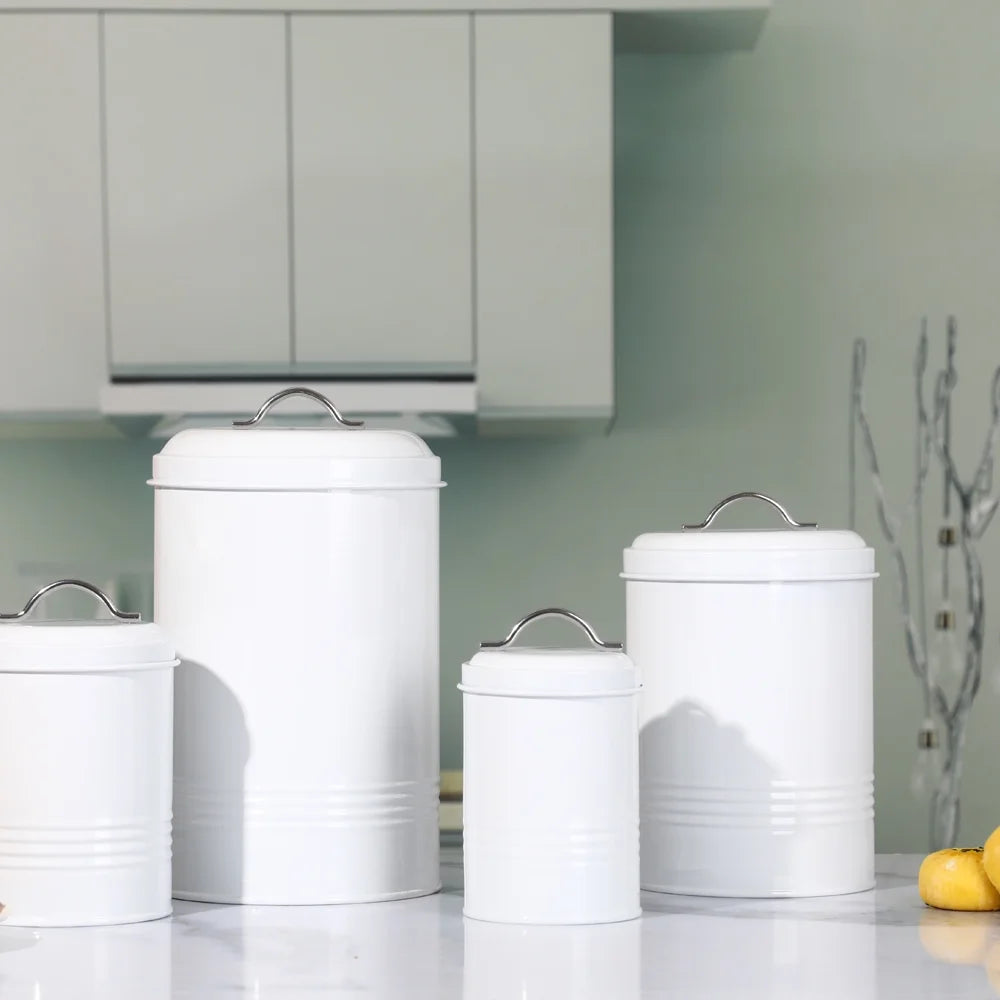 Farmhouse Canisters Sets for Kitchen Countertop, Set of 4 Airtight White Nesting Canister Jars with Removable Chalkboard Labels and Marker, for Flour Sugar Coffee Tea Storage