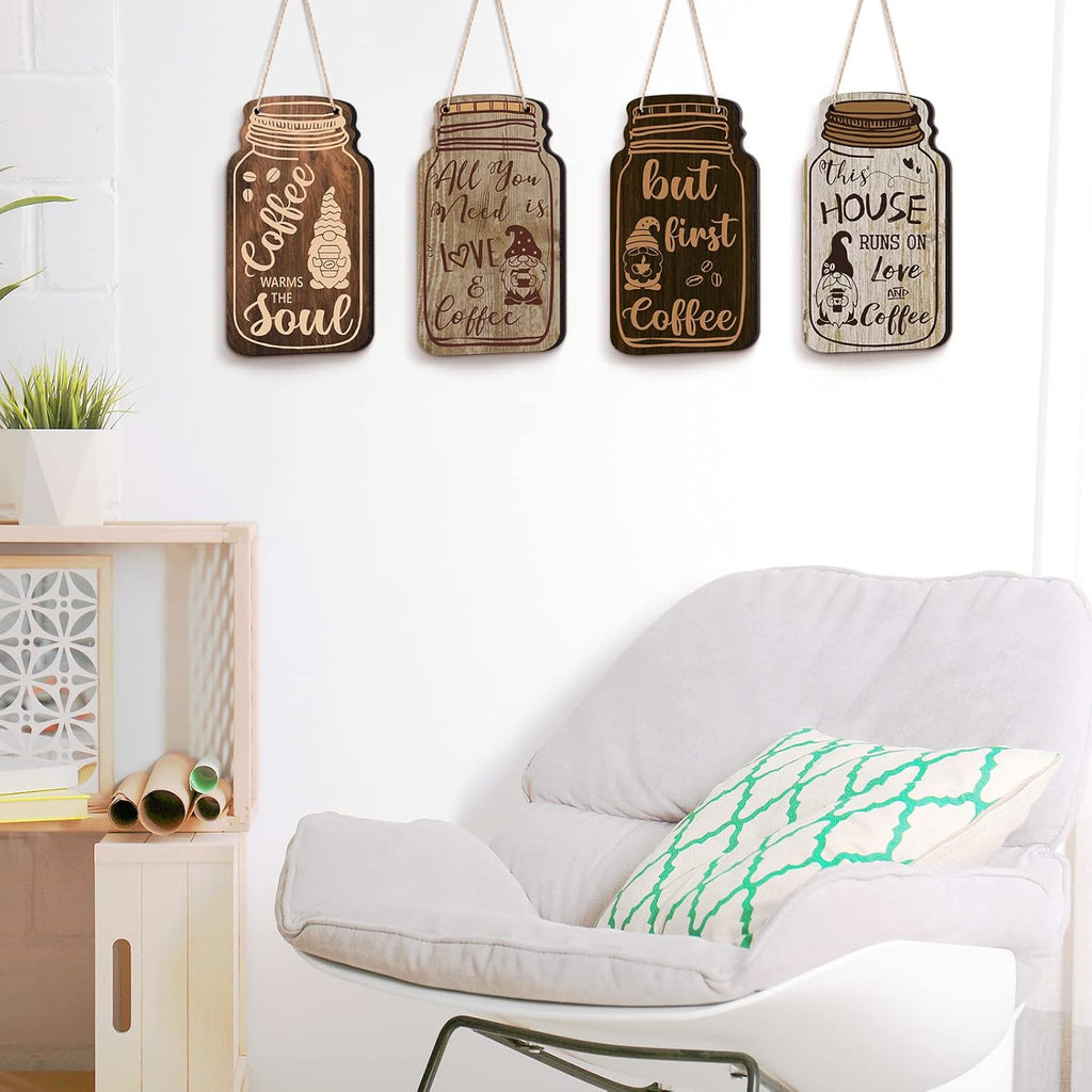 4 Pieces Fall Coffee Bar Decor Farmhouse Wood Sign Wall Hanging Plaque but First Coffee Mason Jar Table Plaque for Home Office Kitchen Wall Decor(Gnomes Style)