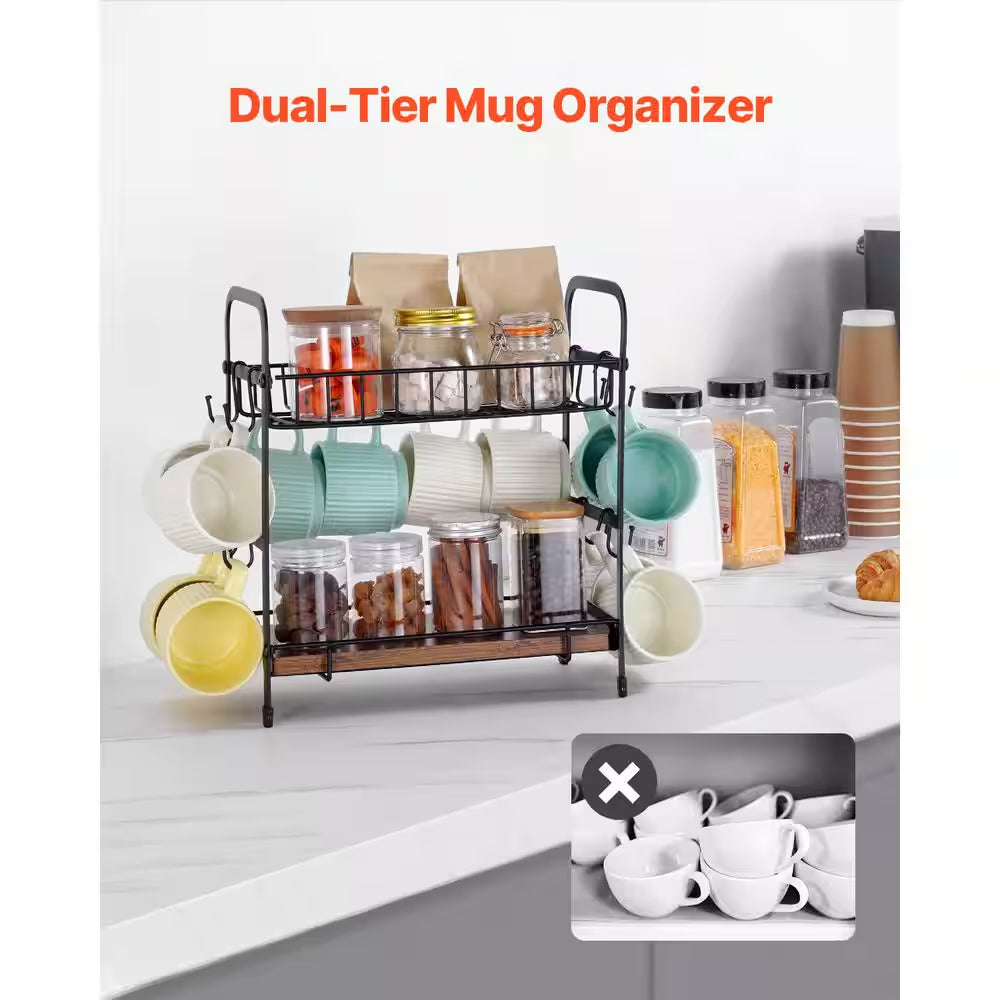 2 Tier Coffee Bar Organizer for Countertop Multifunctional Mug Holder Carbon Steel 12 Movable Hooks Espresso Cups Black
