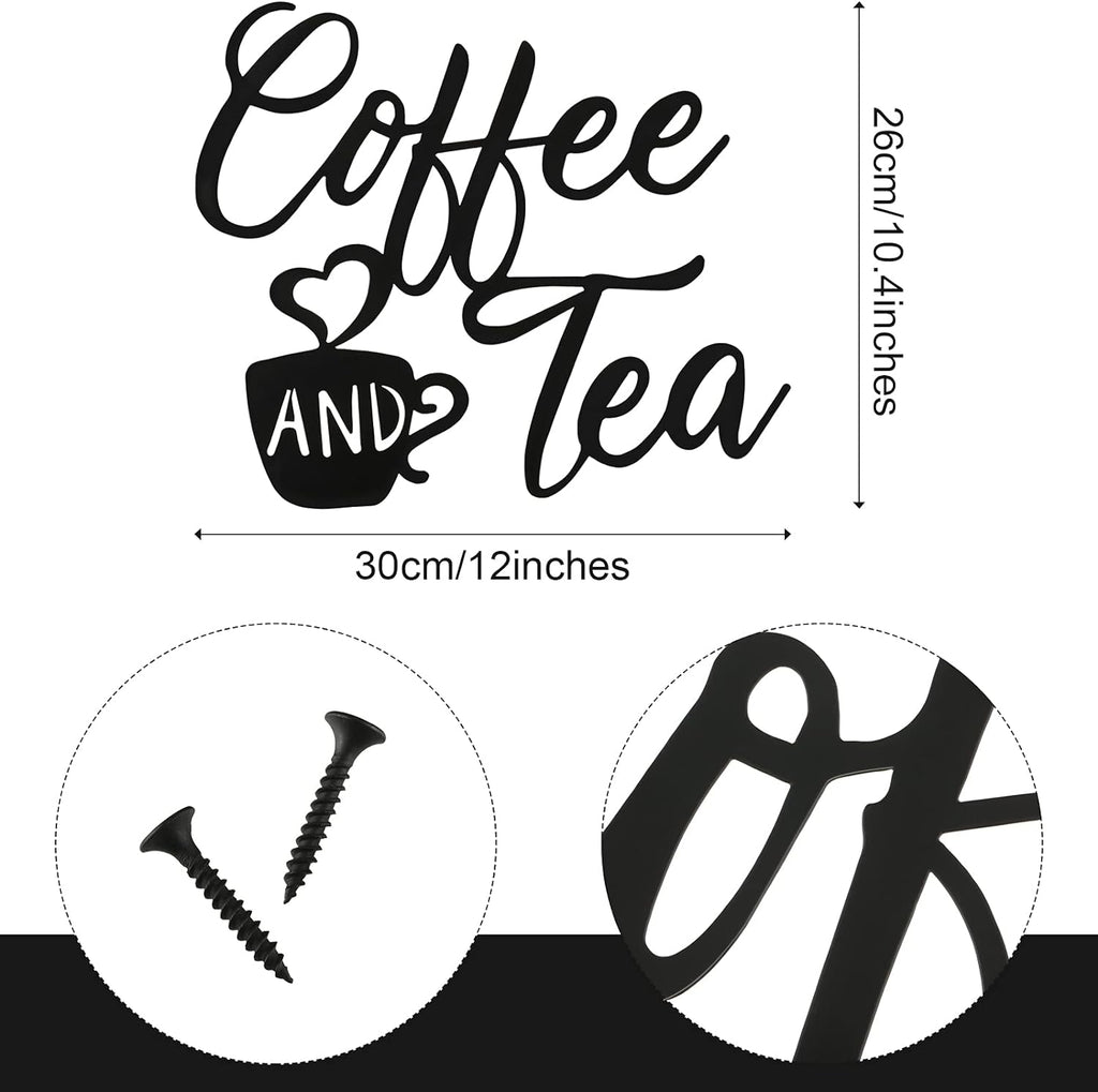 Coffee Sign Metal Hanging Wall Art 12 X 10.2 Inch Black Wall Decor Cafe Bar Letter Sign for Cafe Farmhouse Kitchen(Coffee and Tea)