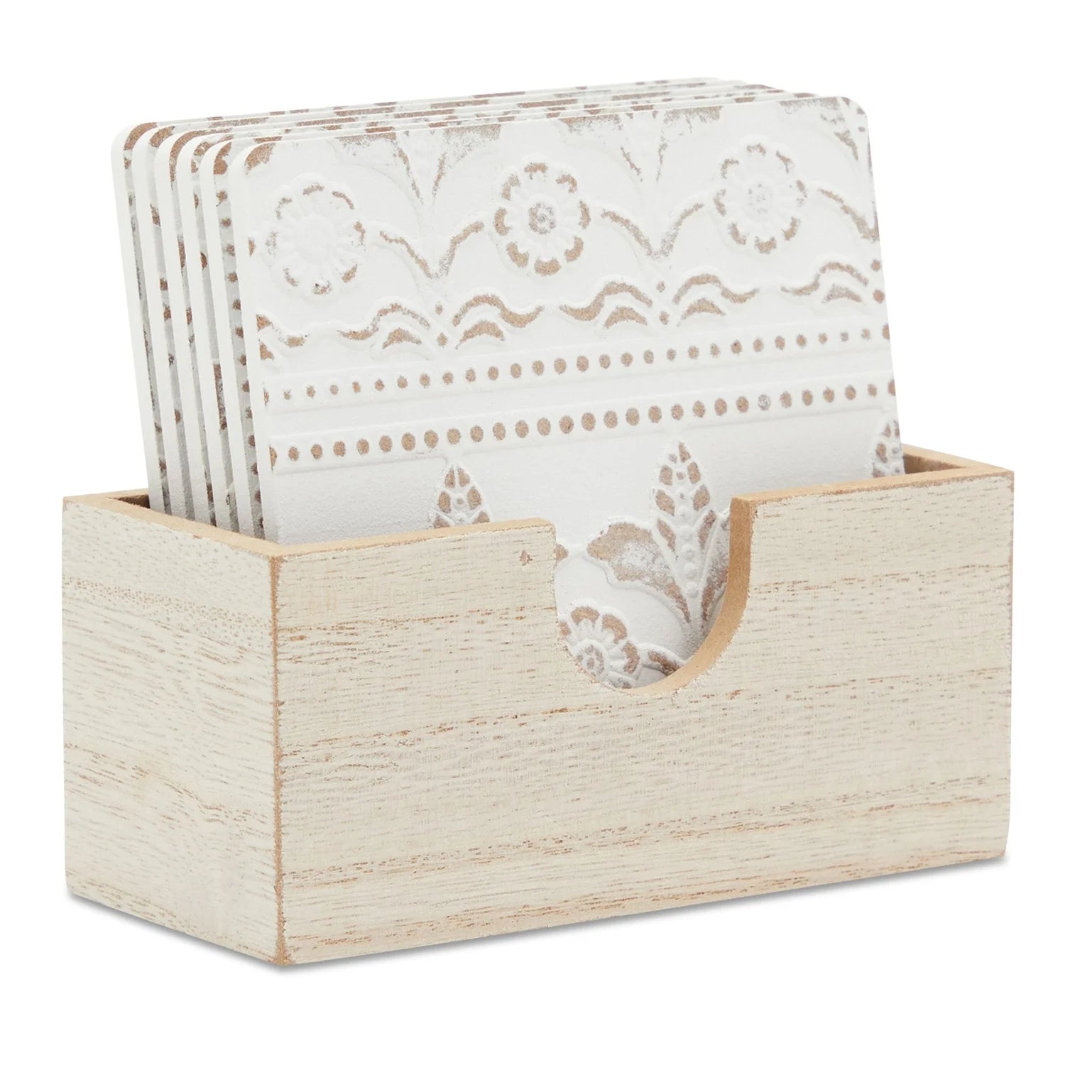 Set of 6 White Wooden Coasters with Holder for Drinks, Coffee Table, and Floral Farmhouse Decor (3.8 Inches)