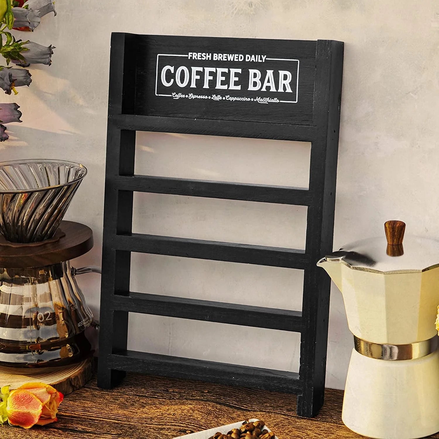 K Cup Holder, Wooden Coffee Pod Ladder, Rustic Storage Organizer for Home Kitchen Coffee Bar Table (Black)