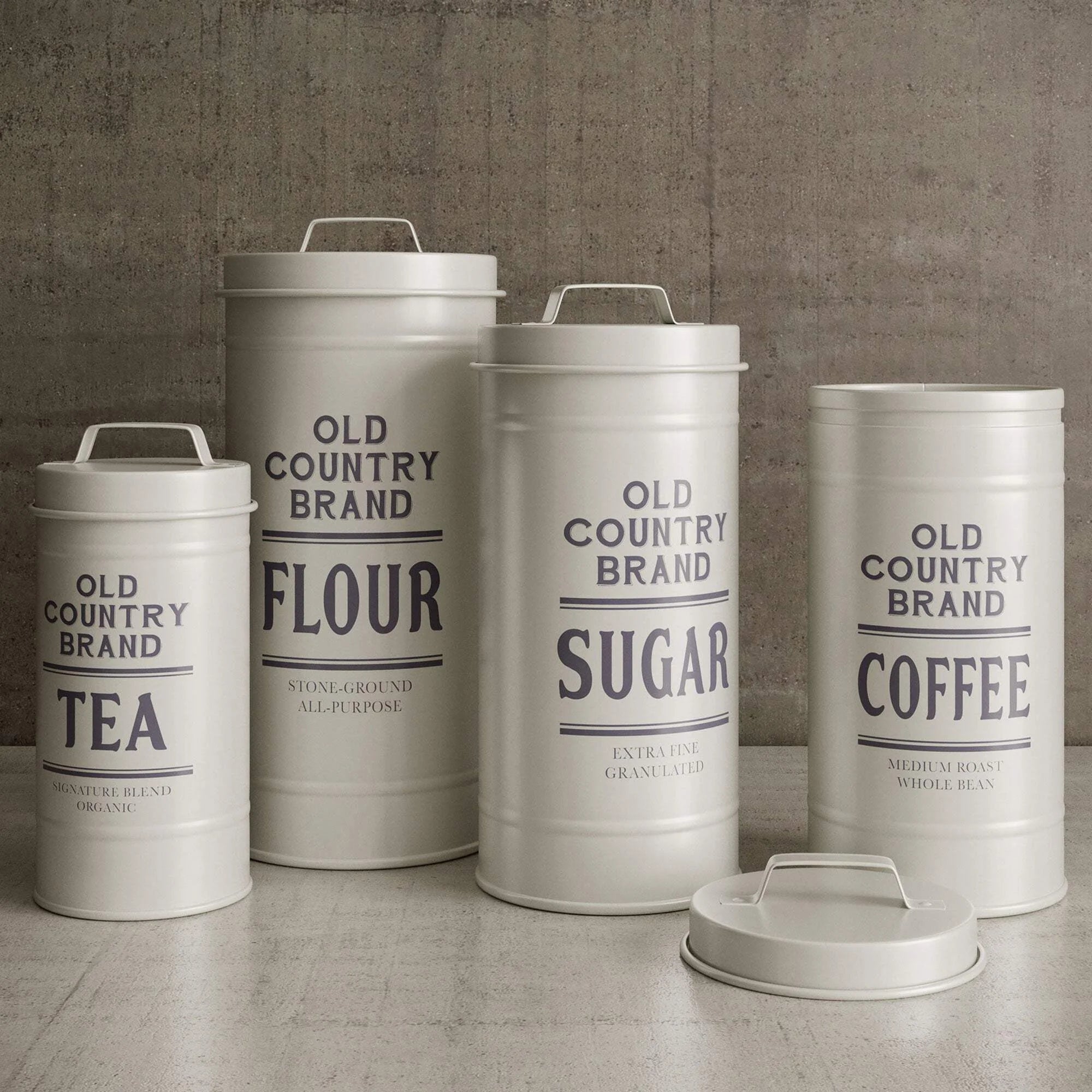 White Canister Sets for Kitchen Counter, Vintage Kitchen Canisters, Country Rustic Farmhouse Decor for the Kitchen, Coffee Tea Sugar Flour Farmhouse Kitchen Decor, Metal, Set of 4
