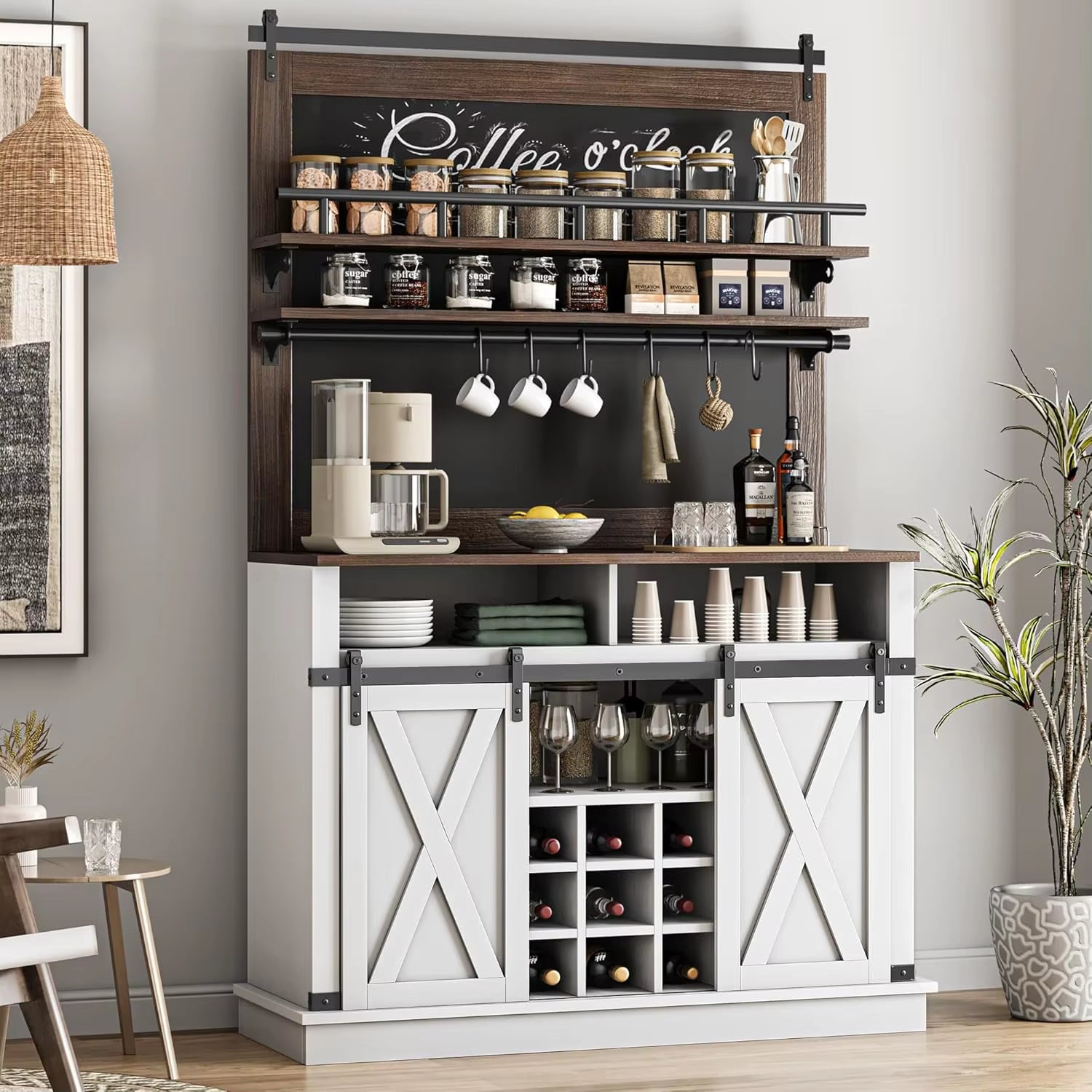 75" Farmhouse Coffee Bar Cabinet W/ Sliding Barn Door - White Buffet Storage for Kitchen & Dining