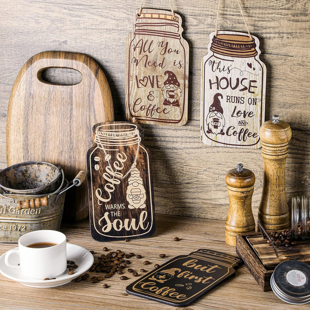 4 Pieces Fall Coffee Bar Decor Farmhouse Wood Sign Wall Hanging Plaque but First Coffee Mason Jar Table Plaque for Home Office Kitchen Wall Decor(Gnomes Style)