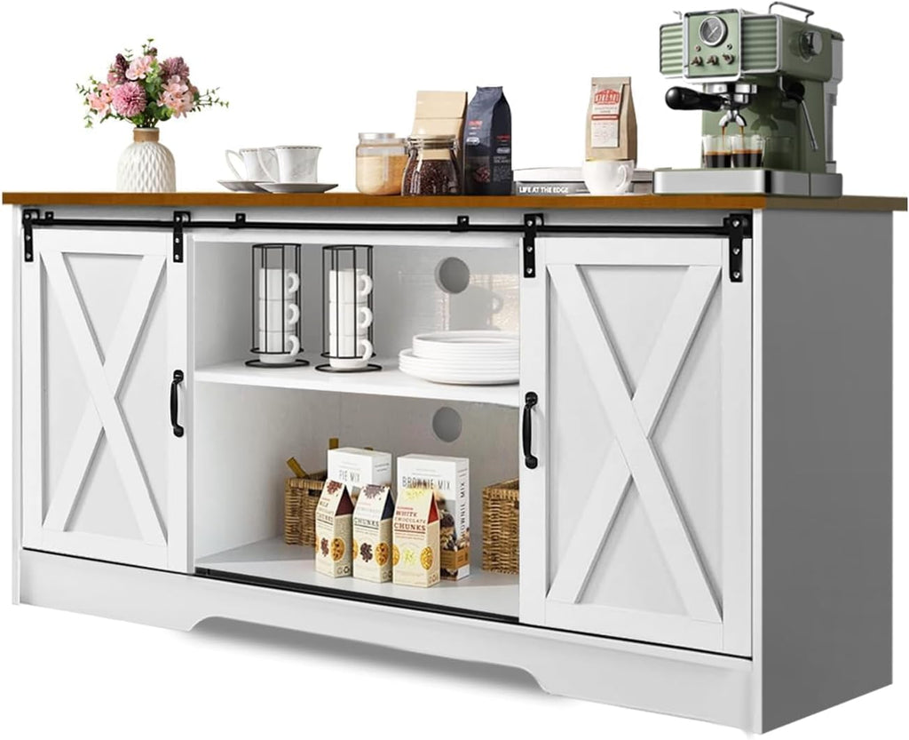Farmhouse Coffee Bar Cabinet, 59" Buffet Cabinet with Storage & Sliding Barn Doors, Kitchen Storage Cabinet, Coffee Station, Living Dining Room, White