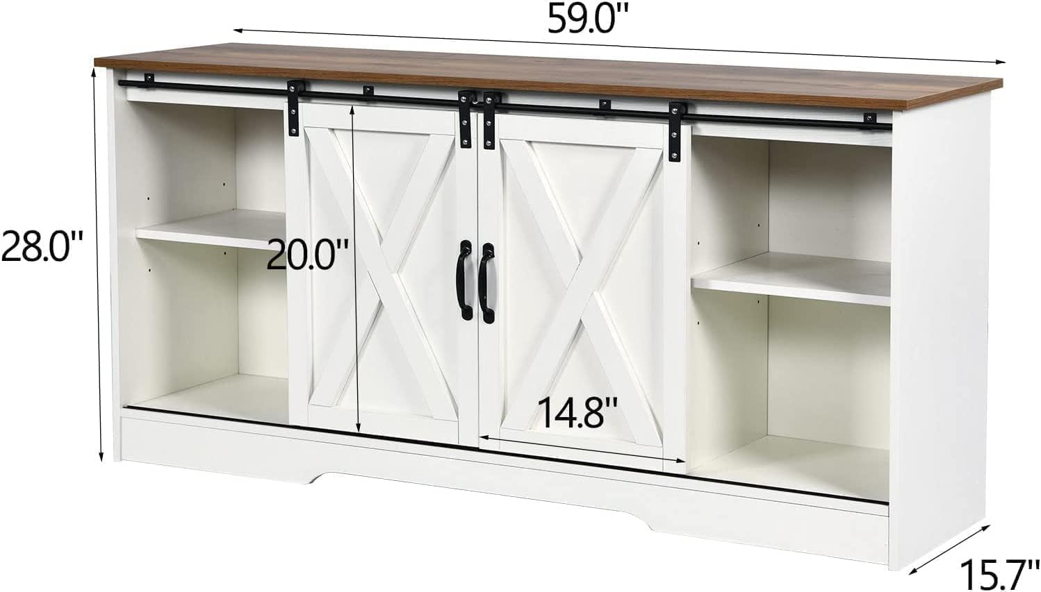 Farmhouse Coffee Bar Cabinet, 59" Buffet Cabinet with Storage & Sliding Barn Doors, Kitchen Storage Cabinet, Coffee Station, Living Dining Room, White