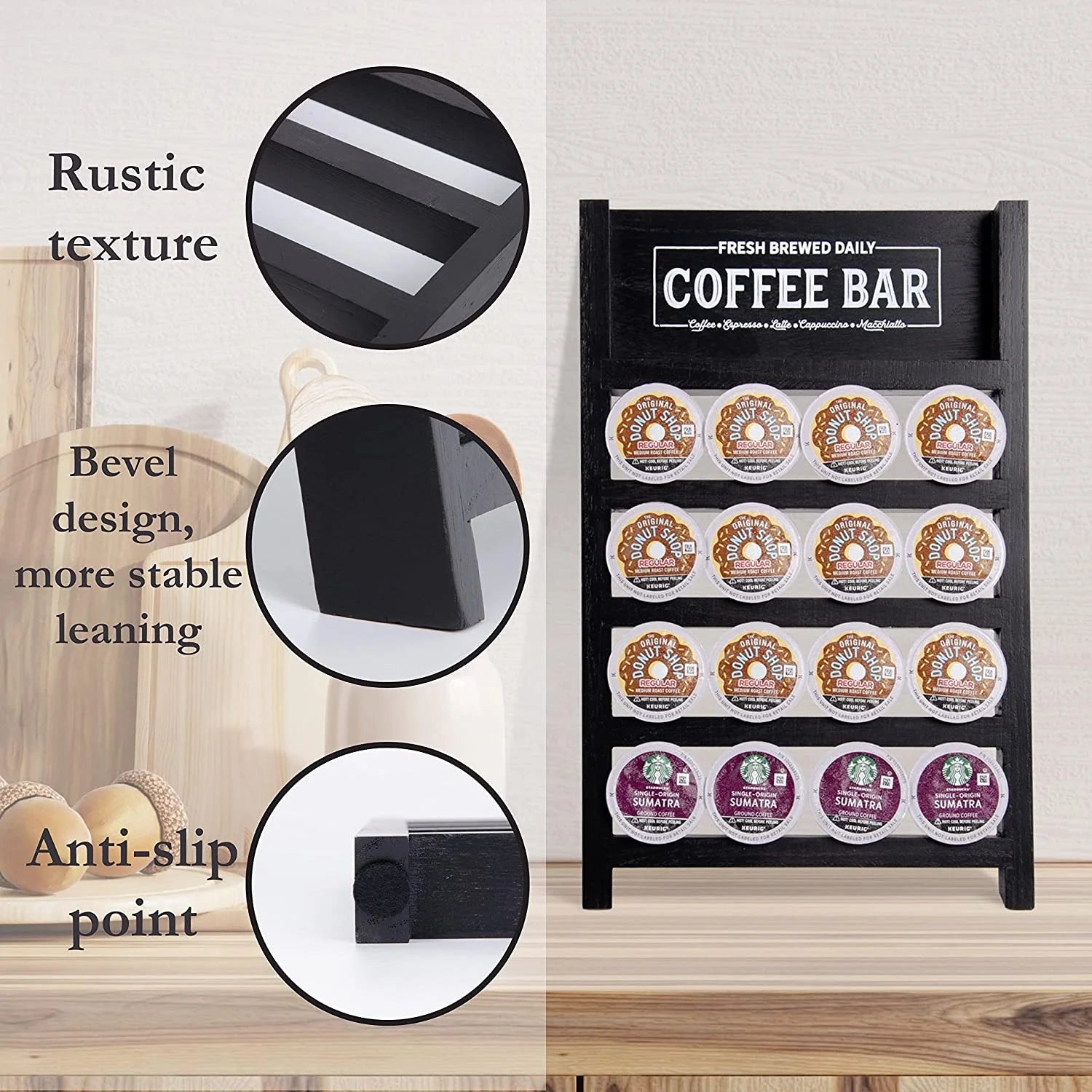 K Cup Holder, Wooden Coffee Pod Ladder, Rustic Storage Organizer for Home Kitchen Coffee Bar Table (Black)