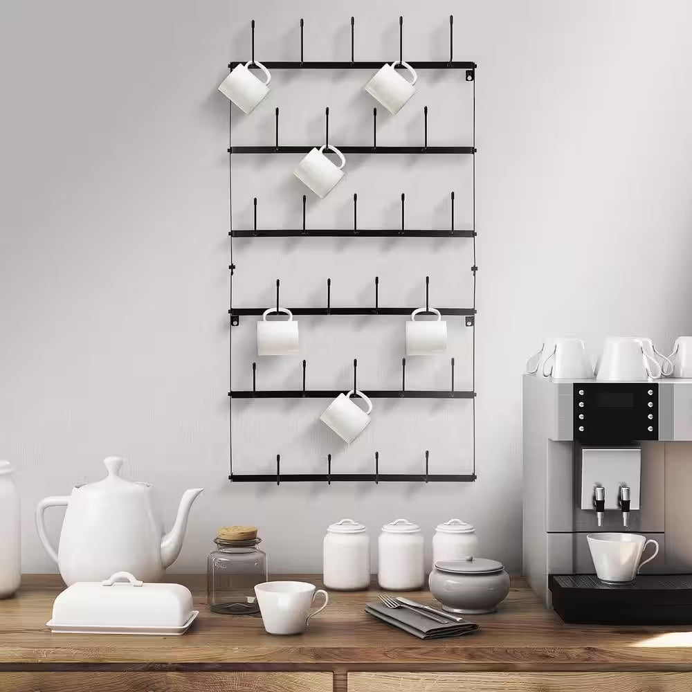 6-Tier 27 Hooks Black Wall Mounted Mug Hook Rack Cup Holder