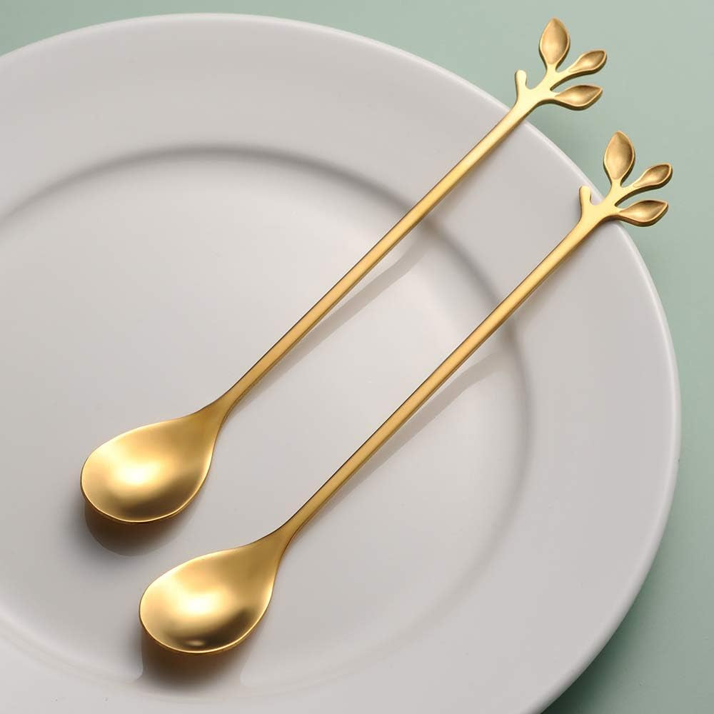 6.5" Elegant Leaf-Design Gold Coffee & Tea Spoons Set of 6- Long Handle Stainless Steel Stirring Spoons for Espresso, Iced Tea - Ideal Coffee Bar Accessories