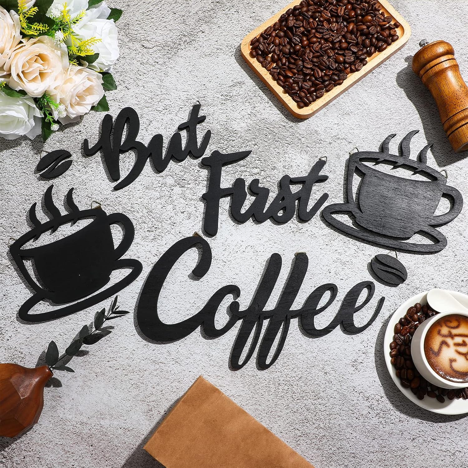 7 Pieces Coffee Time Rustic Sign Coffee Wall Art Coffee Sign Wall Decor with Coffee Beans and Coffee Cups Sign for Coffee Bar Home Office Kitchen (Chic Style)