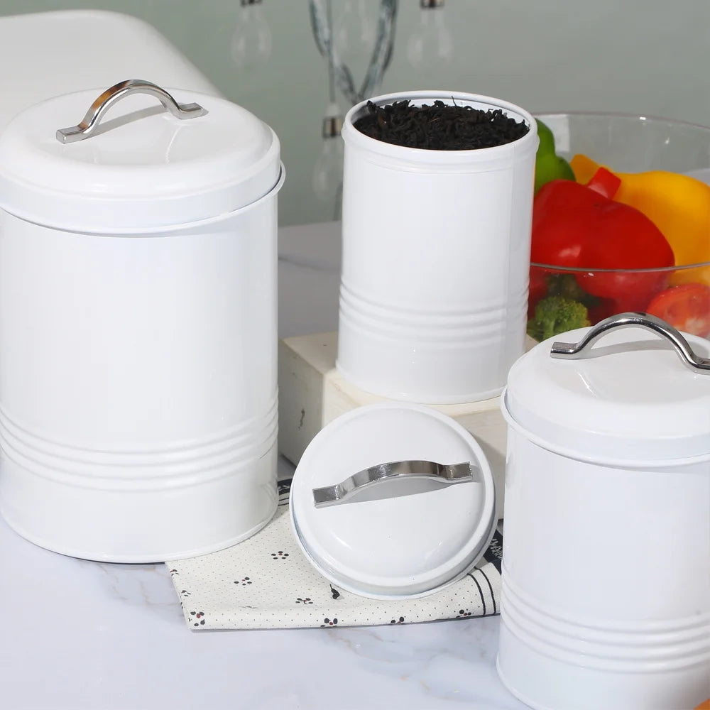 Farmhouse Canisters Sets for Kitchen Countertop, Set of 4 Airtight White Nesting Canister Jars with Removable Chalkboard Labels and Marker, for Flour Sugar Coffee Tea Storage