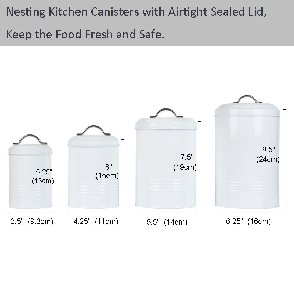 Farmhouse Canisters Sets for Kitchen Countertop, Set of 4 Airtight White Nesting Canister Jars with Removable Chalkboard Labels and Marker, for Flour Sugar Coffee Tea Storage