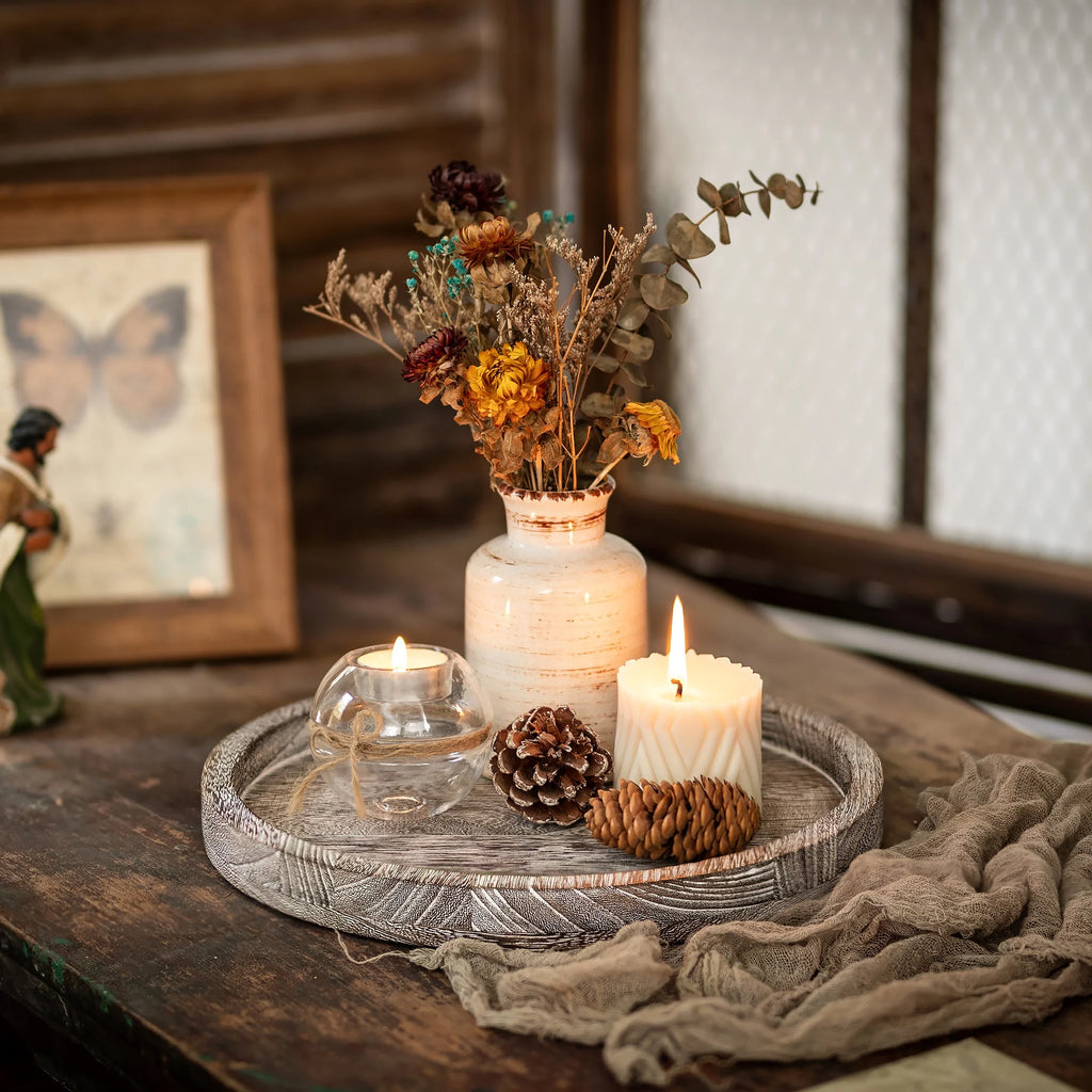 round Wood Candle Tray: Rustic Wooden Candle Holder White Pillar Stand Farmhouse Coffee Table Tray for Living Room Kitchen Counter Bathroom Home Decor,11.8"