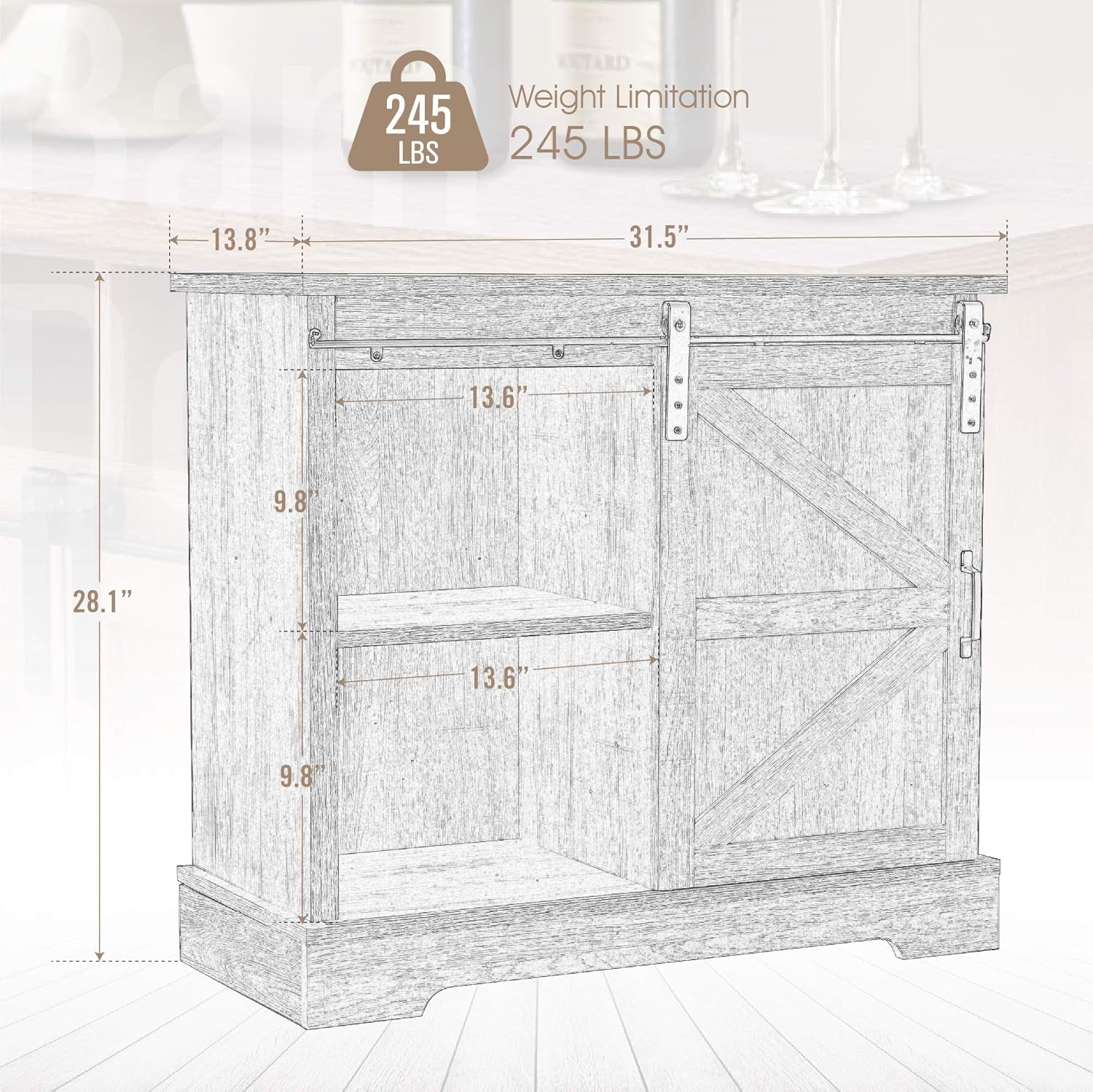 Farmhouse Coffee Bar Cabinet - Sliding Barn Door Kitchen Sideboard Buffet Storage Cabinet