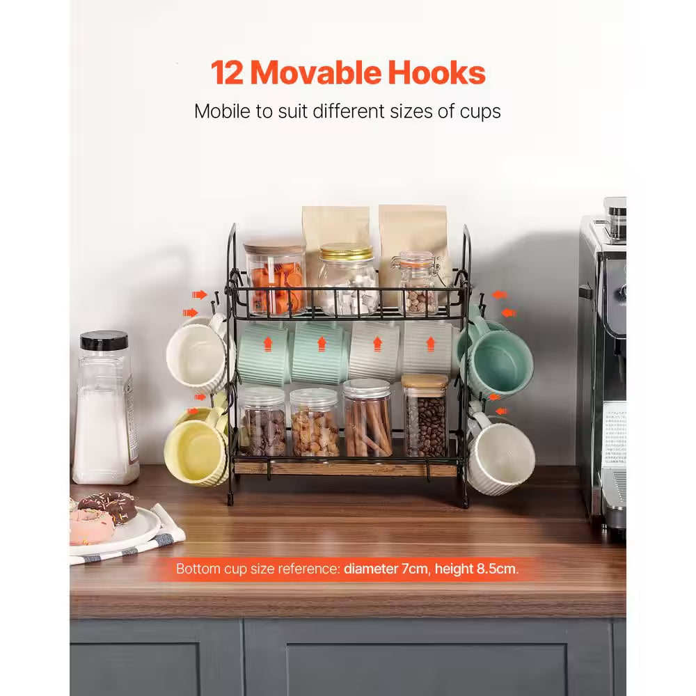 2 Tier Coffee Bar Organizer for Countertop Multifunctional Mug Holder Carbon Steel 12 Movable Hooks Espresso Cups Black