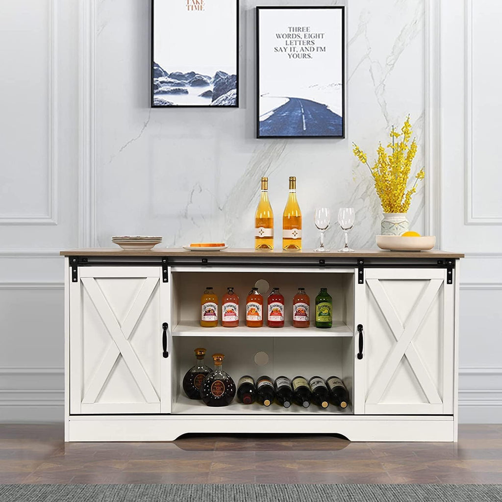 Farmhouse Coffee Bar Cabinet, 59" Buffet Cabinet with Storage & Sliding Barn Doors, Kitchen Storage Cabinet, Coffee Station, Living Dining Room, White