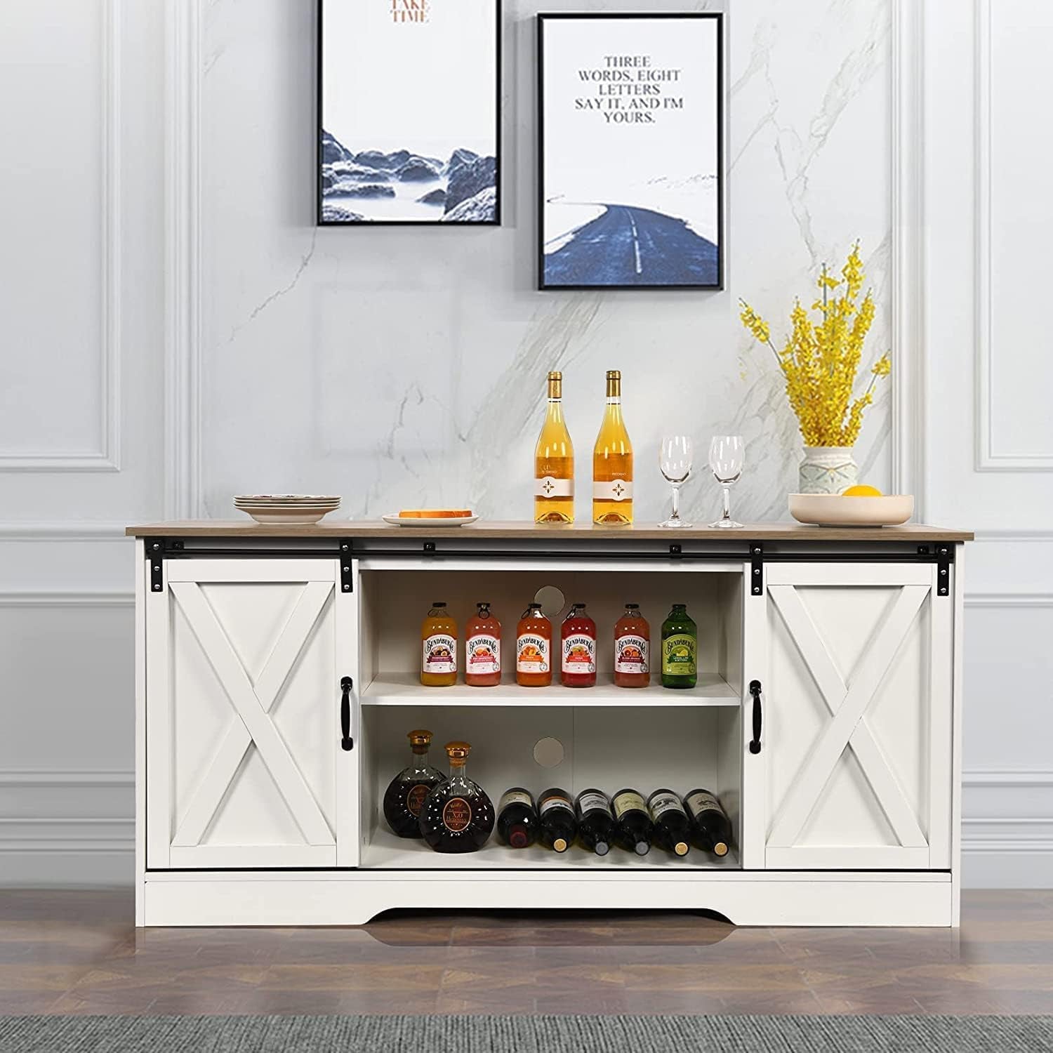 Farmhouse Coffee Bar Cabinet, 59" Buffet Cabinet with Storage & Sliding Barn Doors, Kitchen Storage Cabinet, Coffee Station, Living Dining Room, White