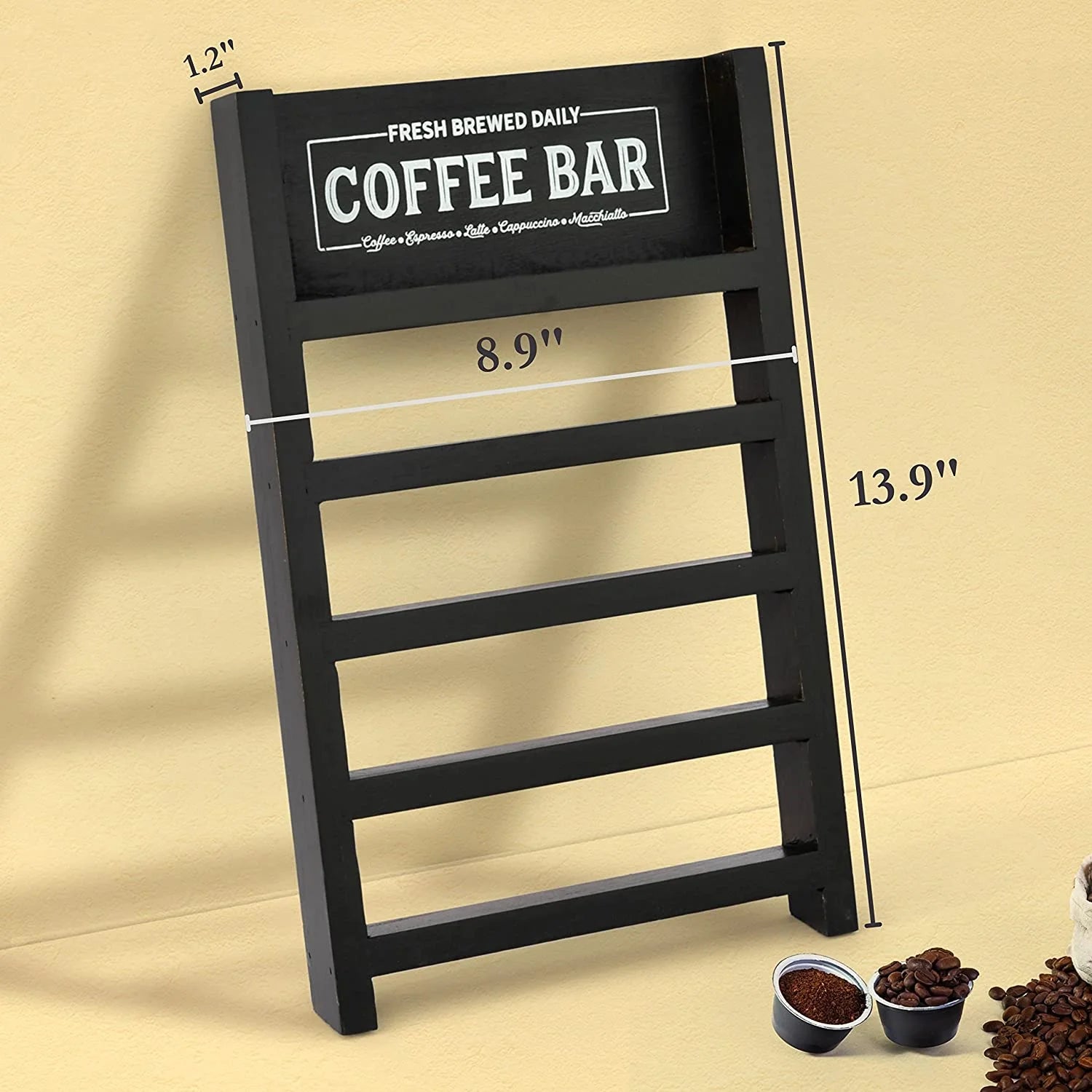 K Cup Holder, Wooden Coffee Pod Ladder, Rustic Storage Organizer for Home Kitchen Coffee Bar Table (Black)
