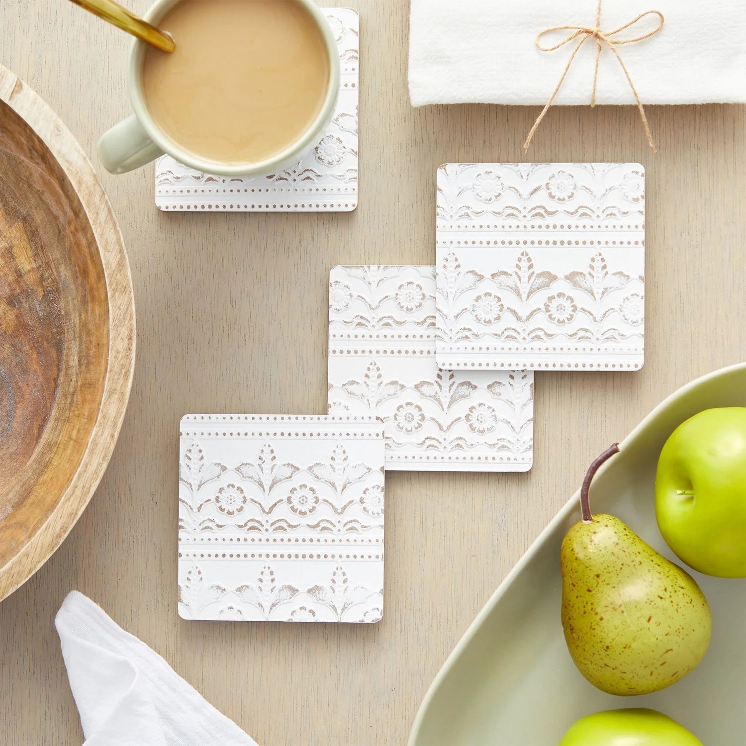Set of 6 White Wooden Coasters with Holder for Drinks, Coffee Table, and Floral Farmhouse Decor (3.8 Inches)